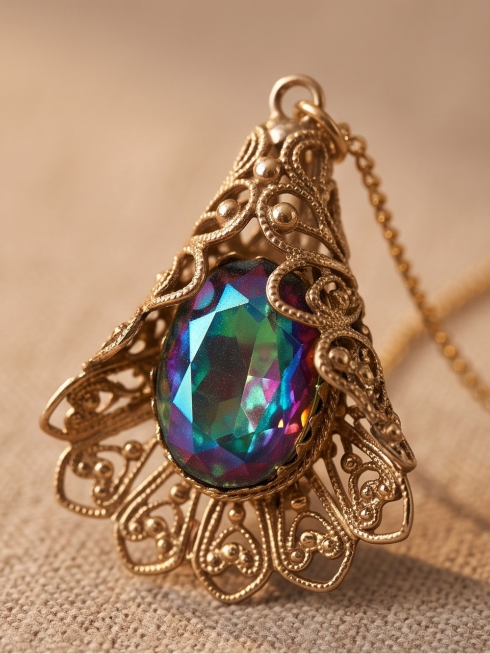 Vintage Style Gold
Filigree Pendant Necklace with Iridescent Stone